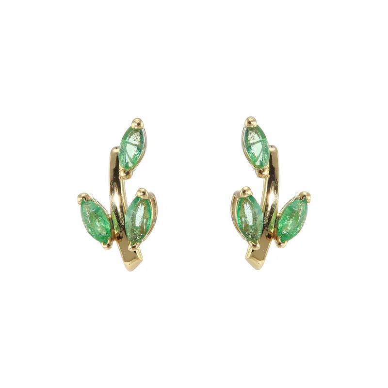 Boucles d'oreilles Femme motif Fleur Emeraude Or jaune 750